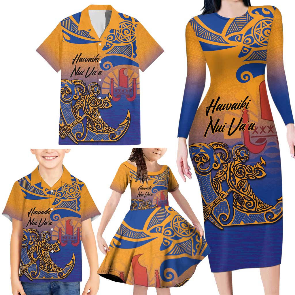 Hawaiki Nui Va'a Solo French Polynesia Family Matching Long Sleeve Bodycon Dress and Hawaiian Shirt Sunset Color