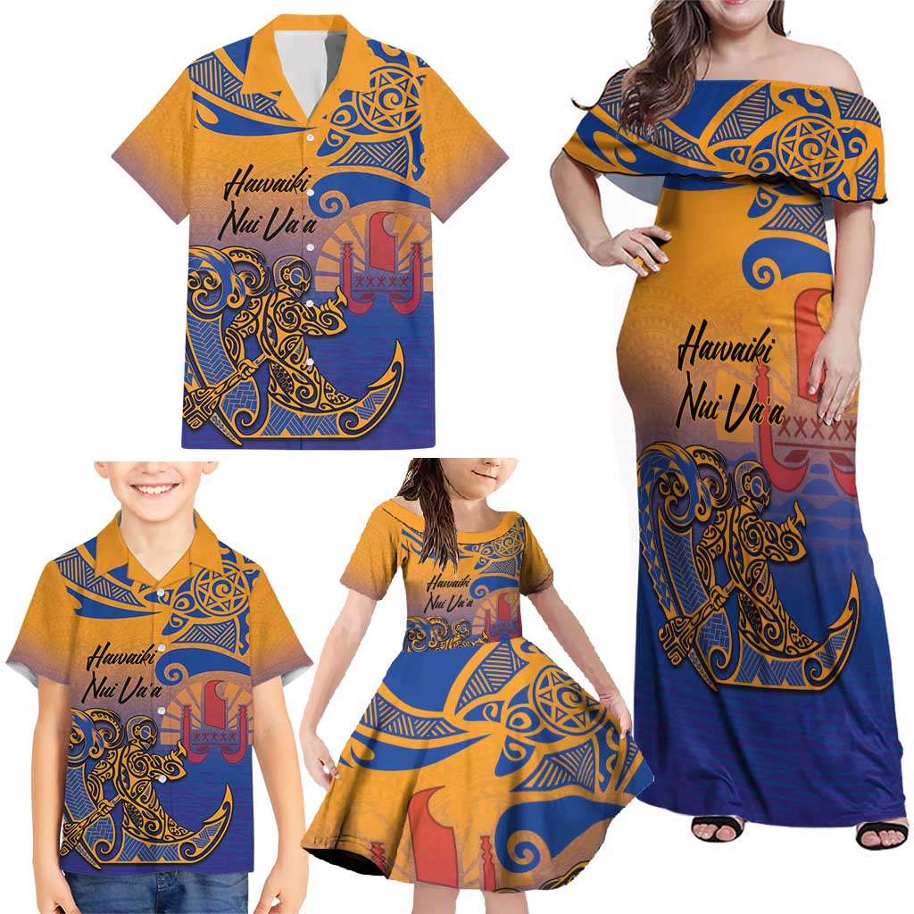 Hawaiki Nui Va'a Solo French Polynesia Family Matching Off Shoulder Maxi Dress and Hawaiian Shirt Sunset Color