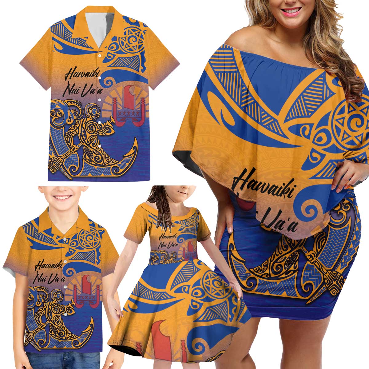 Hawaiki Nui Va'a Solo French Polynesia Family Matching Off Shoulder Short Dress and Hawaiian Shirt Sunset Color