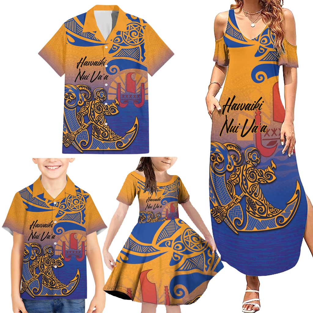 Hawaiki Nui Va'a Solo French Polynesia Family Matching Summer Maxi Dress and Hawaiian Shirt Sunset Color