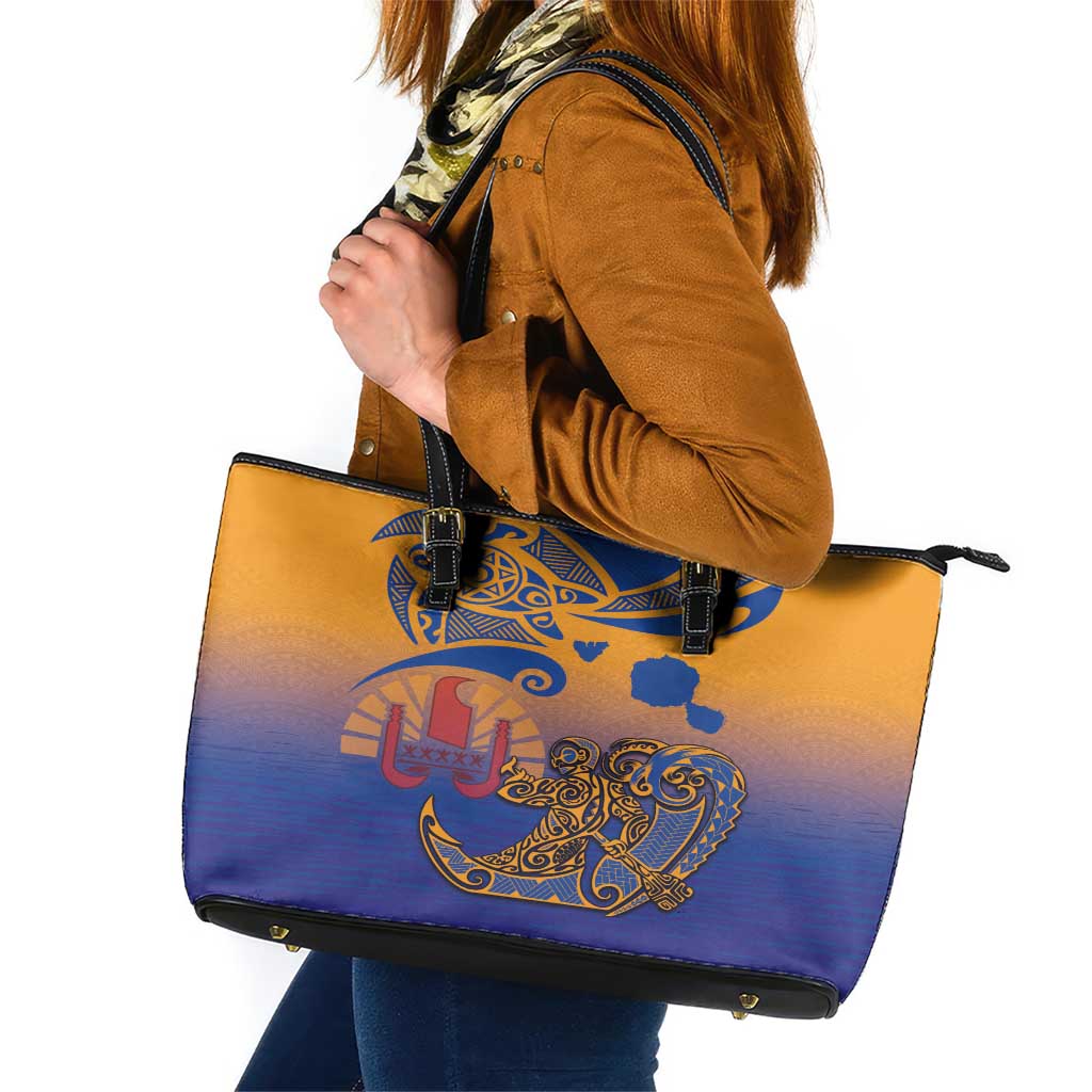 Hawaiki Nui Va'a Solo French Polynesia Leather Tote Bag Sunset Color