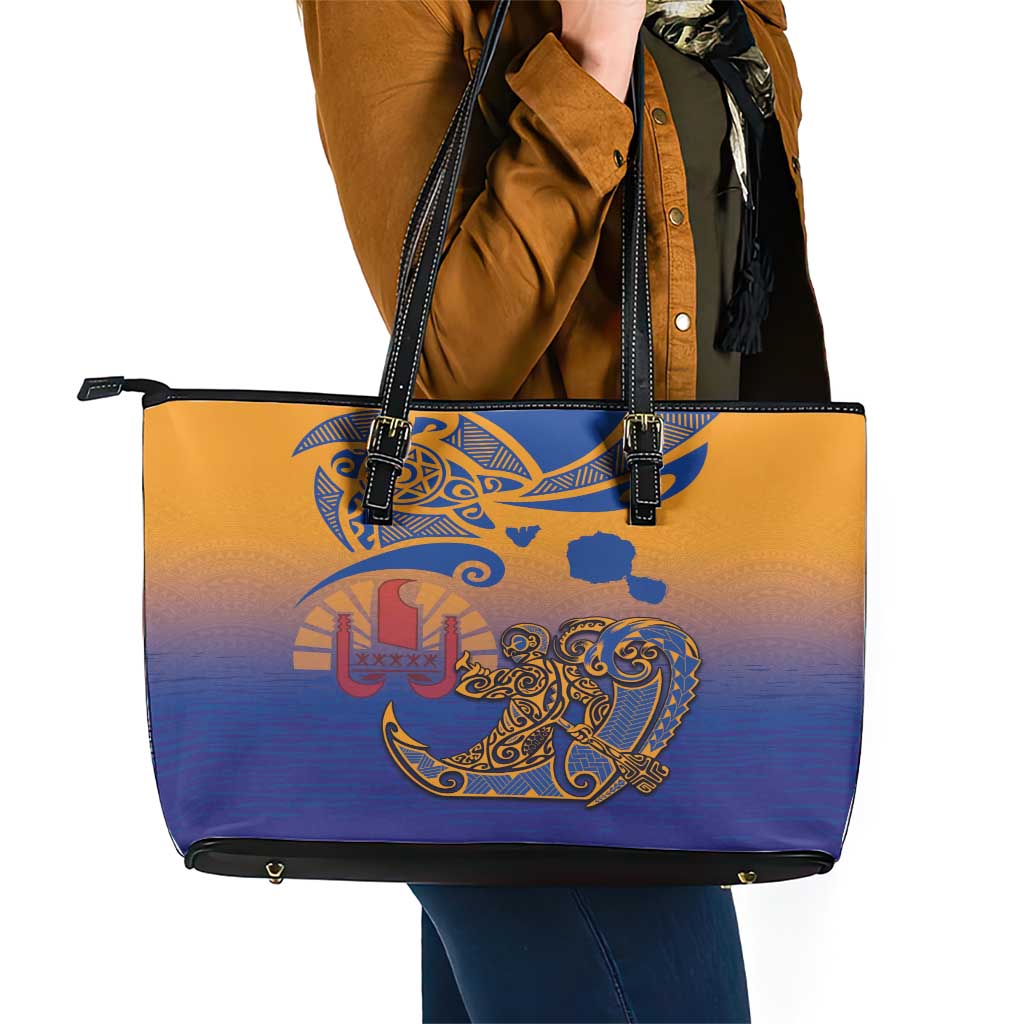 Hawaiki Nui Va'a Solo French Polynesia Leather Tote Bag Sunset Color LT03 - Polynesian Pride