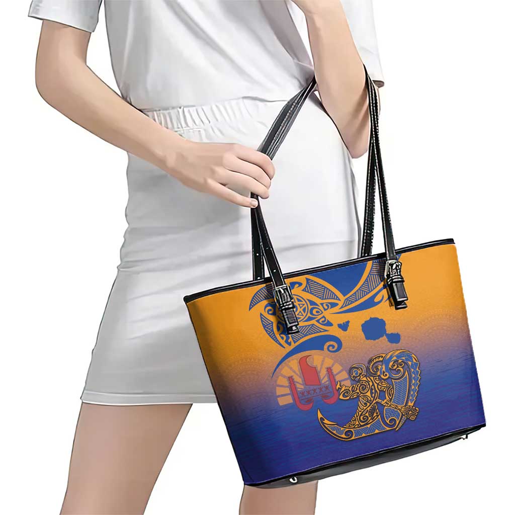 Hawaiki Nui Va'a Solo French Polynesia Leather Tote Bag Sunset Color LT03 - Polynesian Pride