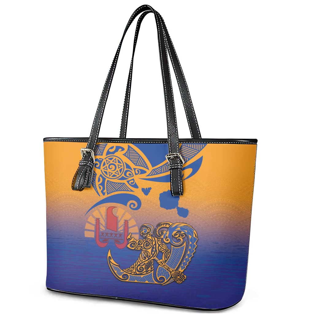 Hawaiki Nui Va'a Solo French Polynesia Leather Tote Bag Sunset Color LT03 - Polynesian Pride