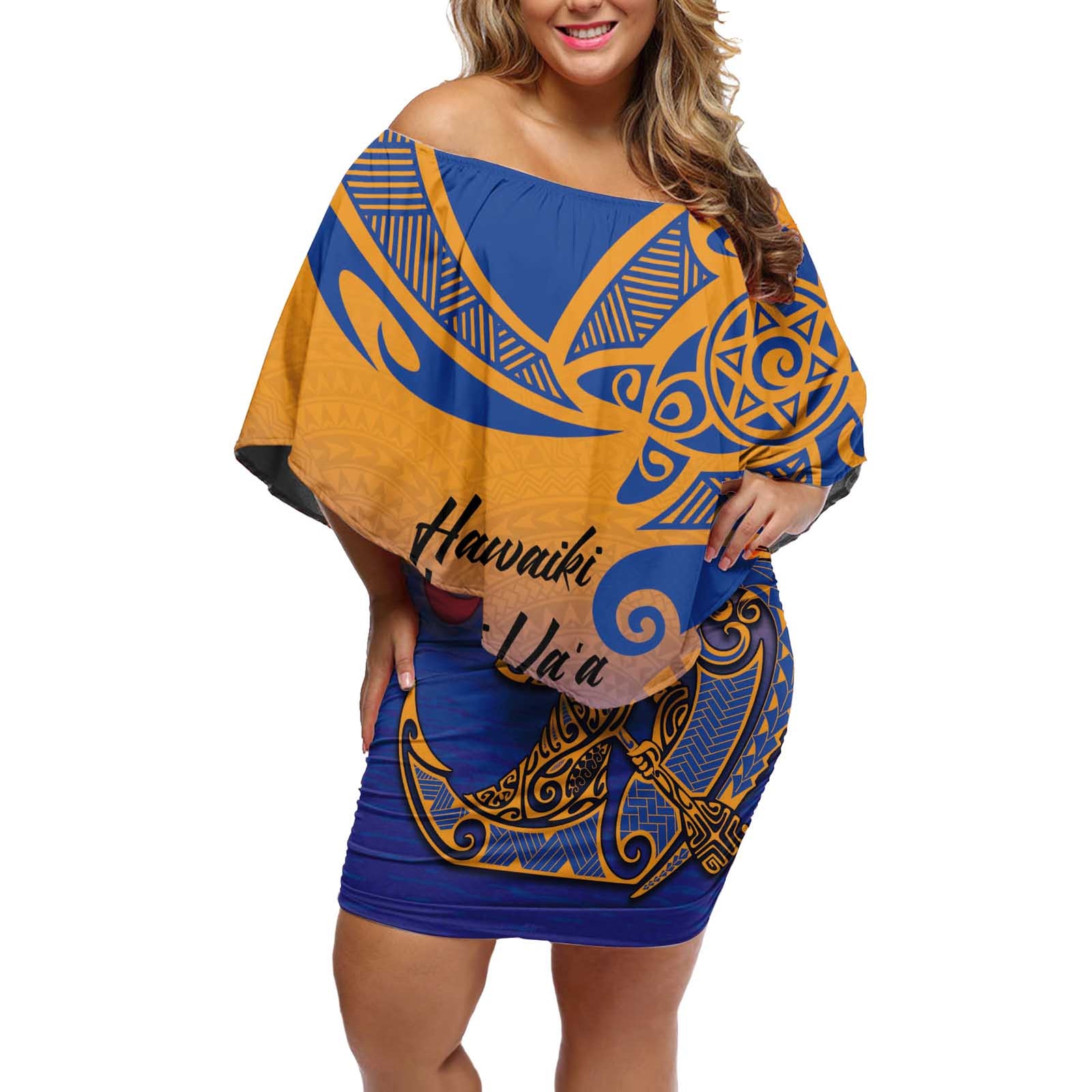 Hawaiki Nui Va'a Solo French Polynesia Off Shoulder Short Dress Sunset Color LT03 Women Yellow - Polynesian Pride