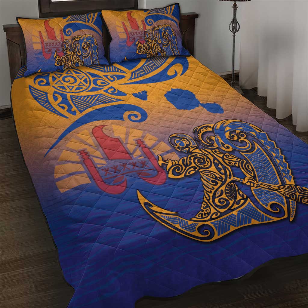 Hawaiki Nui Va'a Solo French Polynesia Quilt Bed Set Sunset Color LT03 Yellow - Polynesian Pride