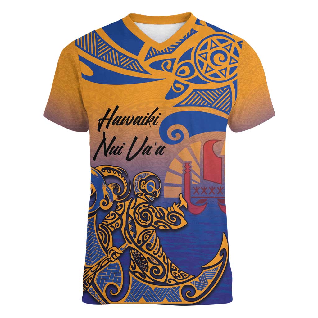 Hawaiki Nui Va'a Solo French Polynesia Women V-Neck T-Shirt Sunset Color