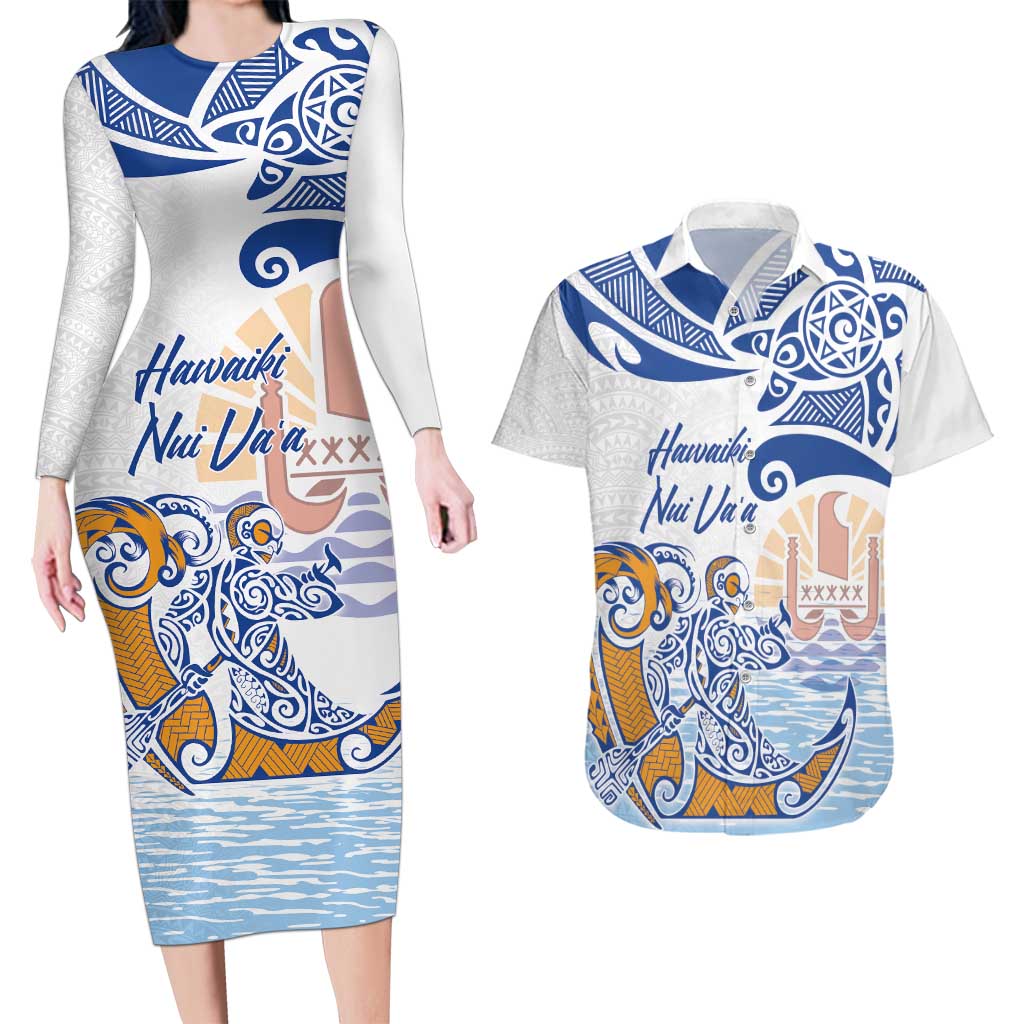 Hawaiki Nui Va'a Solo French Polynesia Couples Matching Long Sleeve Bodycon Dress and Hawaiian Shirt Blue Color