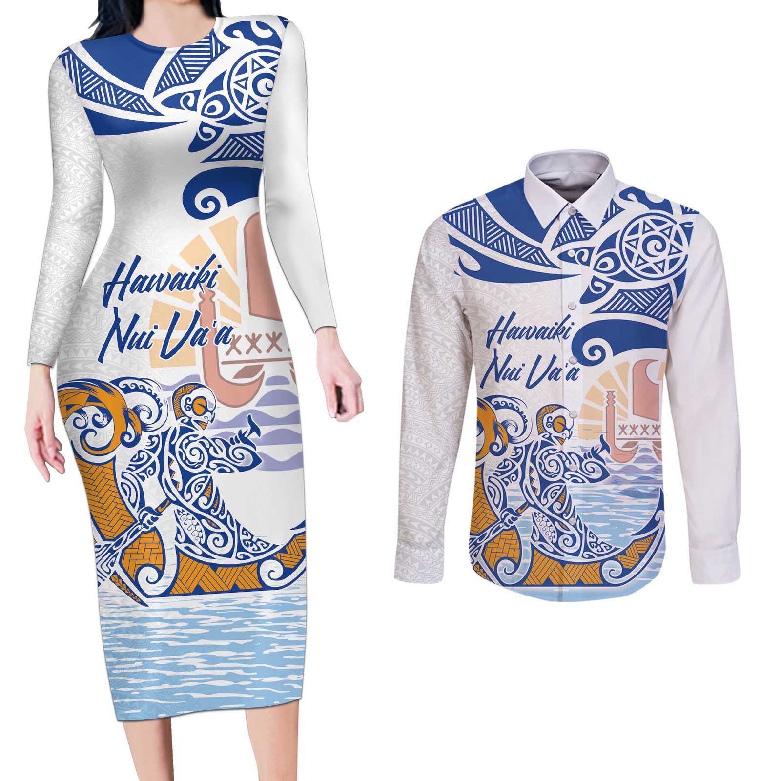 Hawaiki Nui Va'a Solo French Polynesia Couples Matching Long Sleeve Bodycon Dress and Long Sleeve Button Shirt Blue Color LT03 Blue - Polynesian Pride