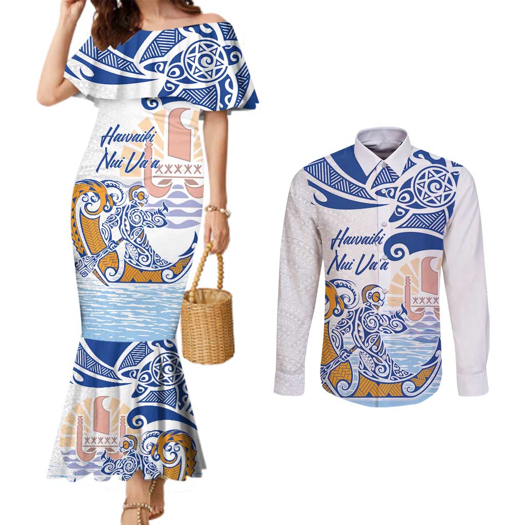 Hawaiki Nui Va'a Solo French Polynesia Couples Matching Mermaid Dress and Long Sleeve Button Shirt Blue Color