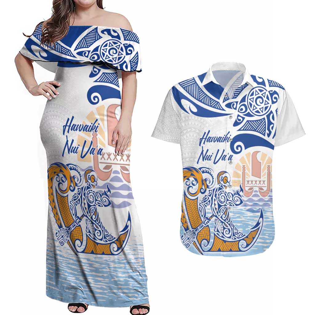 Hawaiki Nui Va'a Solo French Polynesia Couples Matching Off Shoulder Maxi Dress and Hawaiian Shirt Blue Color