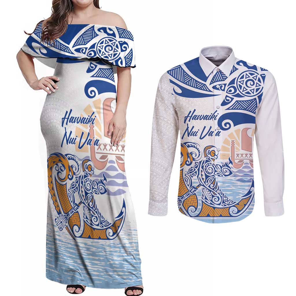 Hawaiki Nui Va'a Solo French Polynesia Couples Matching Off Shoulder Maxi Dress and Long Sleeve Button Shirt Blue Color LT03 Blue - Polynesian Pride