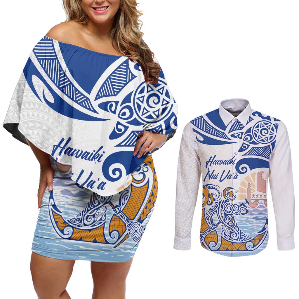 Hawaiki Nui Va'a Solo French Polynesia Couples Matching Off Shoulder Short Dress and Long Sleeve Button Shirt Blue Color LT03 Blue - Polynesian Pride