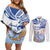 Hawaiki Nui Va'a Solo French Polynesia Couples Matching Off Shoulder Short Dress and Long Sleeve Button Shirt Blue Color