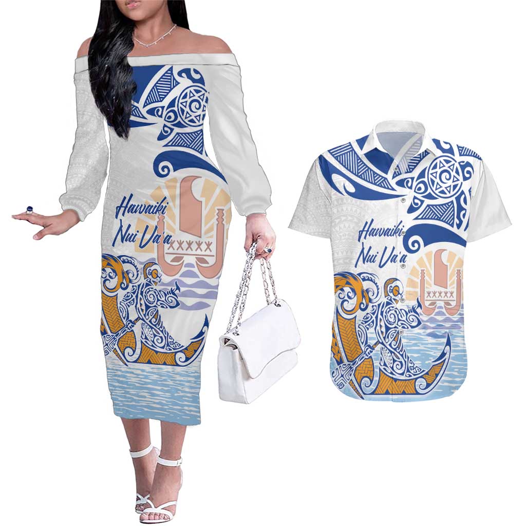 Hawaiki Nui Va'a Solo French Polynesia Couples Matching Off The Shoulder Long Sleeve Dress and Hawaiian Shirt Blue Color