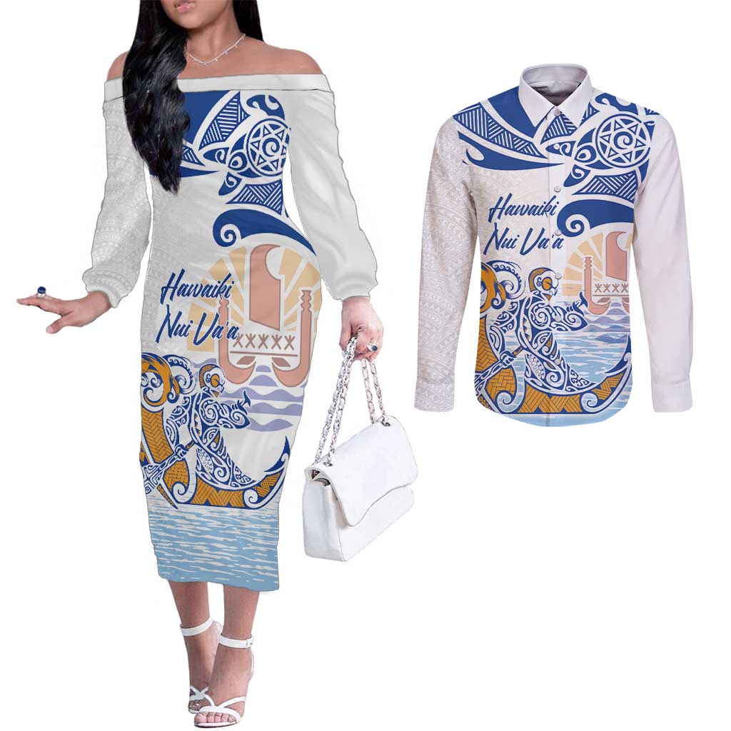 Hawaiki Nui Va'a Solo French Polynesia Couples Matching Off The Shoulder Long Sleeve Dress and Long Sleeve Button Shirt Blue Color