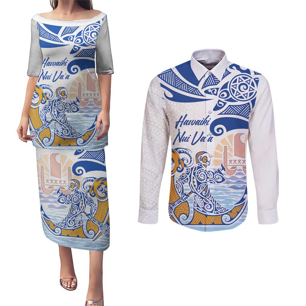 Hawaiki Nui Va'a Solo French Polynesia Couples Matching Puletasi and Long Sleeve Button Shirt Blue Color