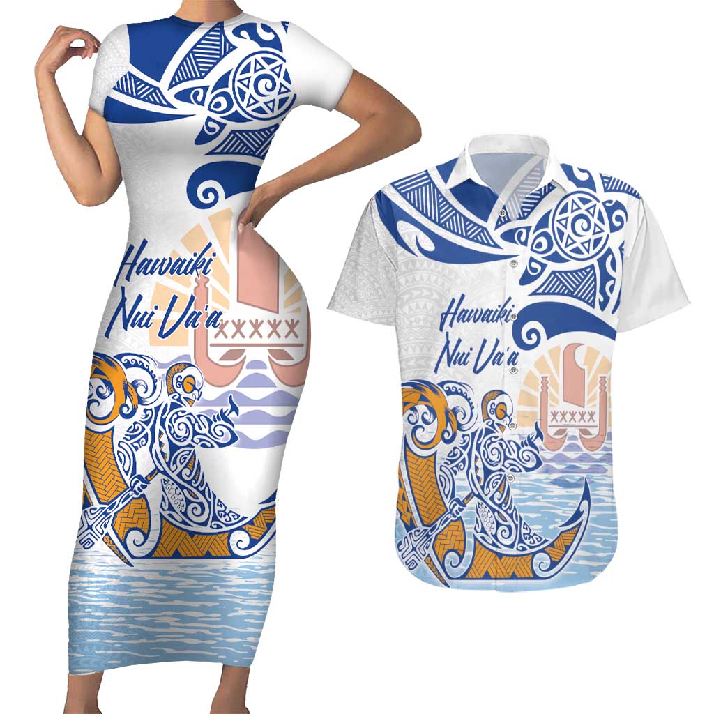 Hawaiki Nui Va'a Solo French Polynesia Couples Matching Short Sleeve Bodycon Dress and Hawaiian Shirt Blue Color