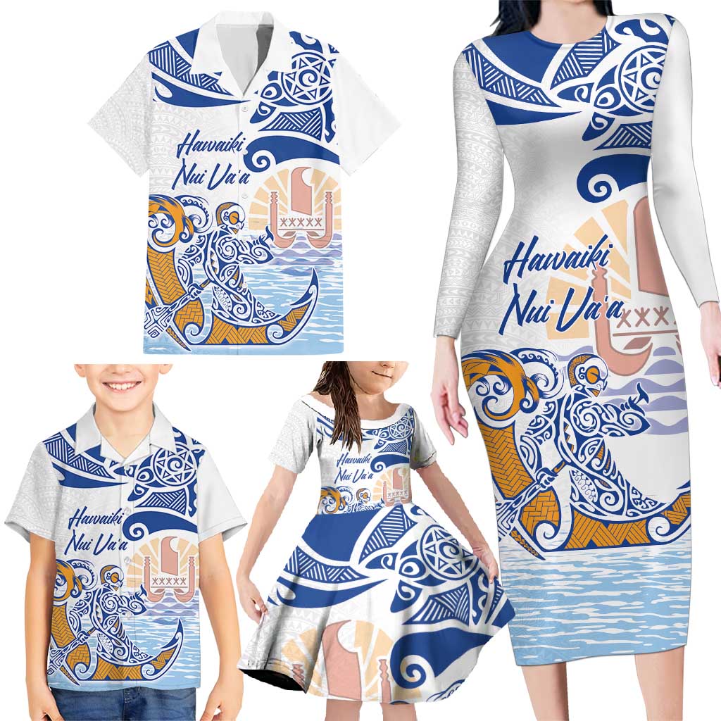 Hawaiki Nui Va'a Solo French Polynesia Family Matching Long Sleeve Bodycon Dress and Hawaiian Shirt Blue Color