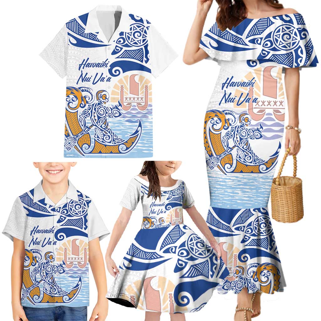 Hawaiki Nui Va'a Solo French Polynesia Family Matching Mermaid Dress and Hawaiian Shirt Blue Color