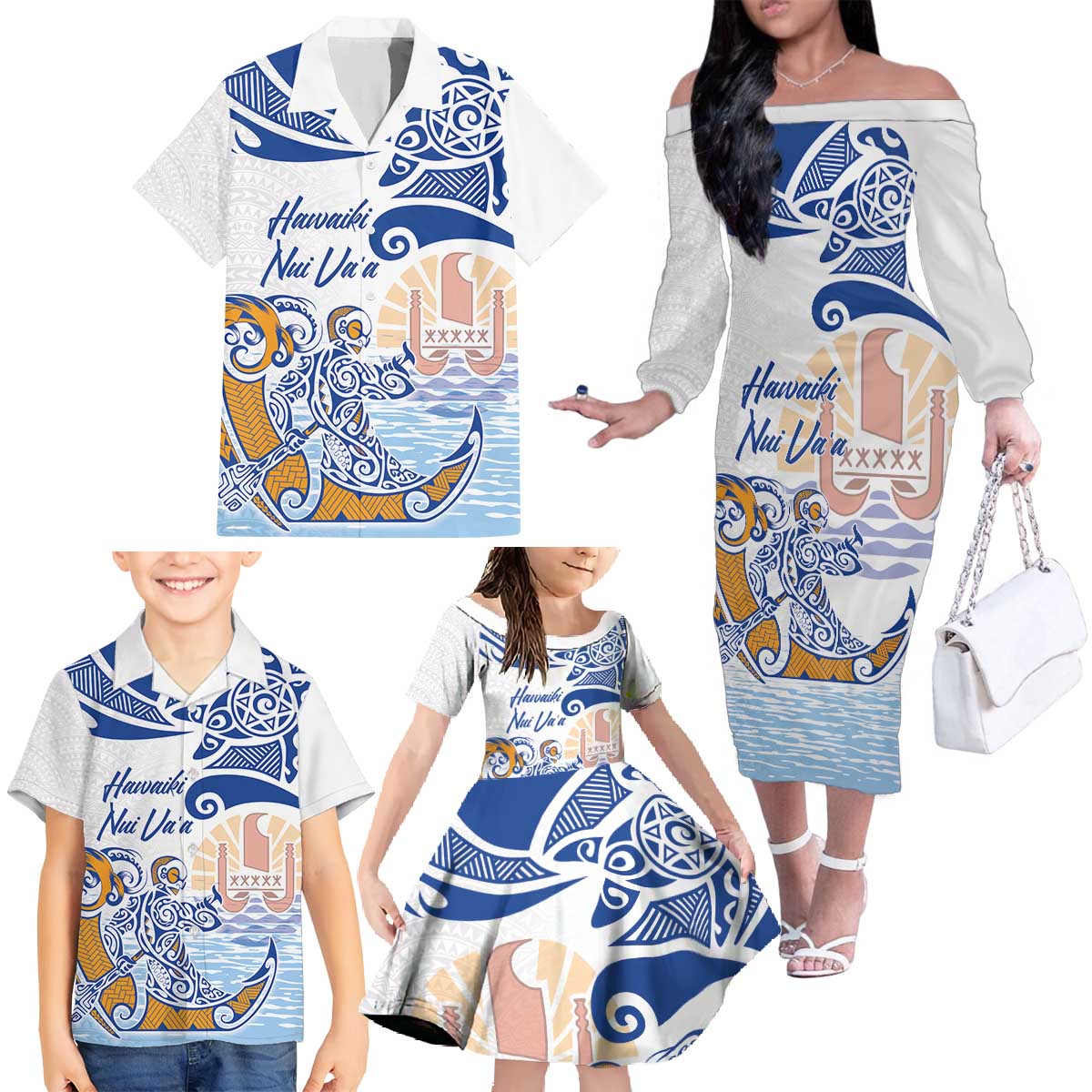 Hawaiki Nui Va'a Solo French Polynesia Family Matching Off The Shoulder Long Sleeve Dress and Hawaiian Shirt Blue Color