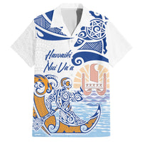 Hawaiki Nui Va'a Solo French Polynesia Family Matching Off The Shoulder Long Sleeve Dress and Hawaiian Shirt Blue Color