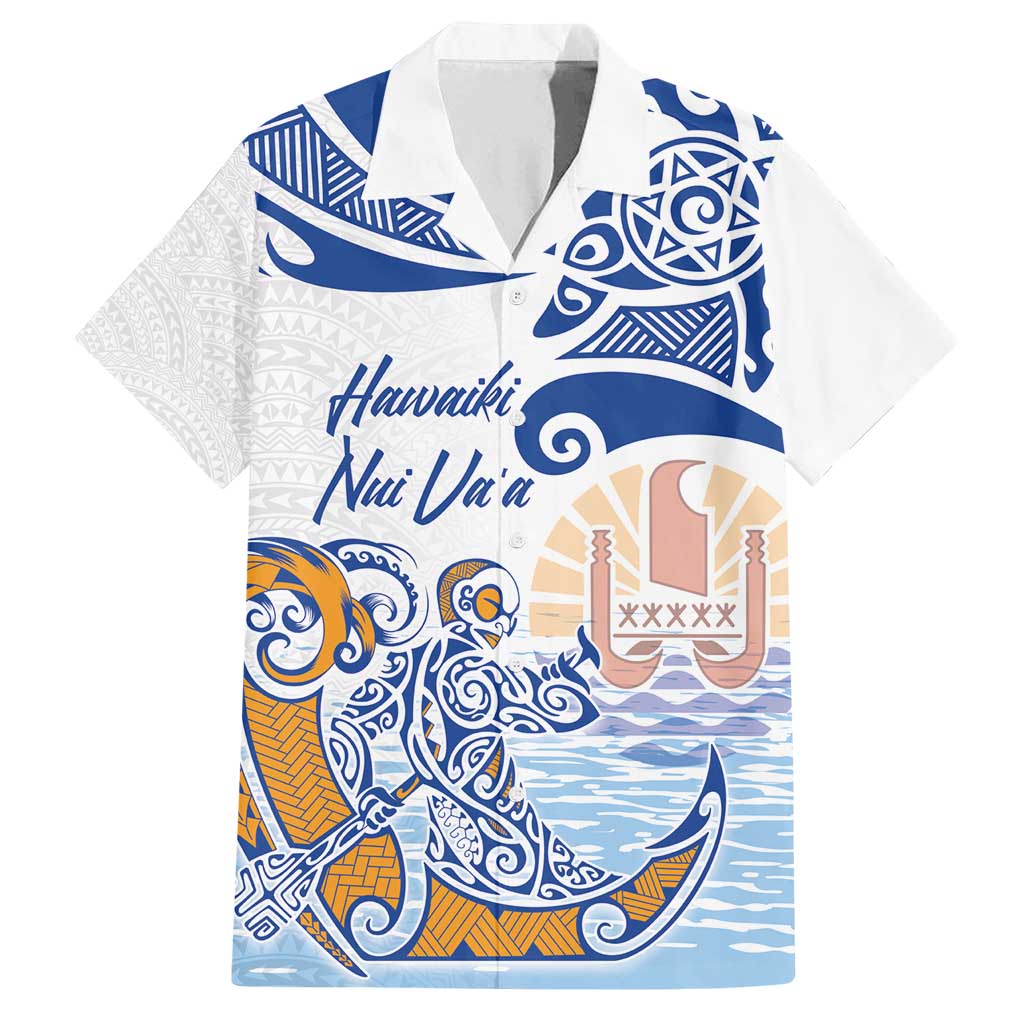Hawaiki Nui Va'a Solo French Polynesia Family Matching Off Shoulder Maxi Dress and Hawaiian Shirt Blue Color LT03 Dad's Shirt - Short Sleeve Blue - Polynesian Pride