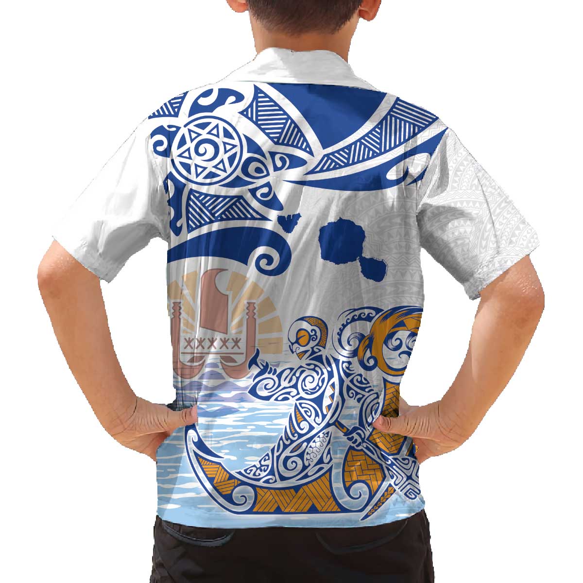 Hawaiki Nui Va'a Solo French Polynesia Family Matching Puletasi and Hawaiian Shirt Blue Color LT03 - Polynesian Pride