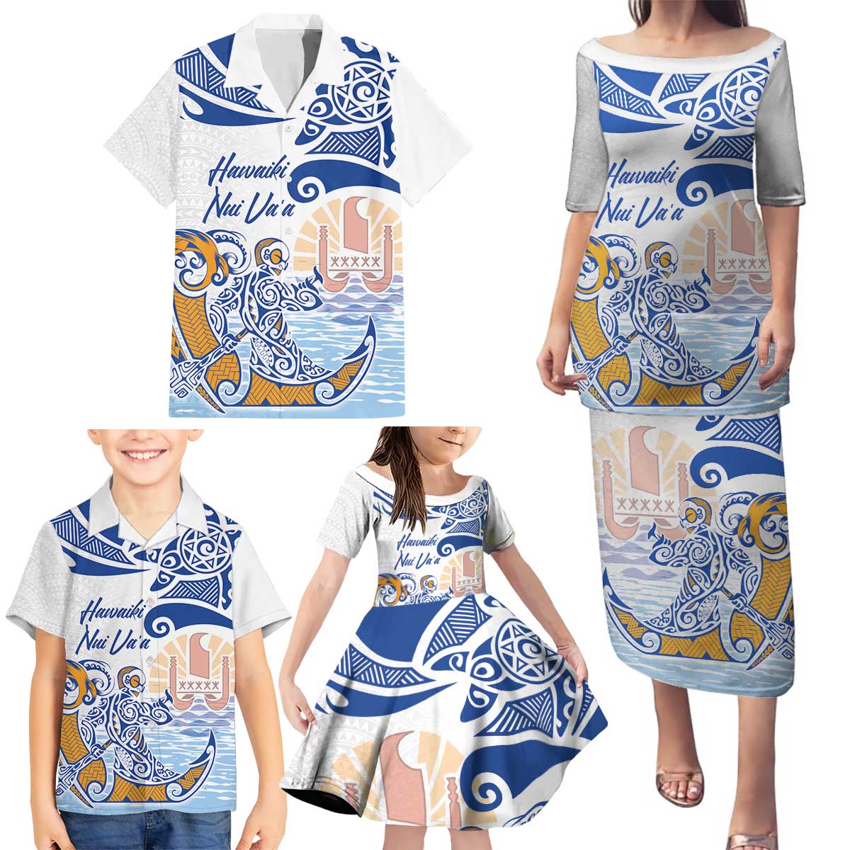 Hawaiki Nui Va'a Solo French Polynesia Family Matching Puletasi and Hawaiian Shirt Blue Color