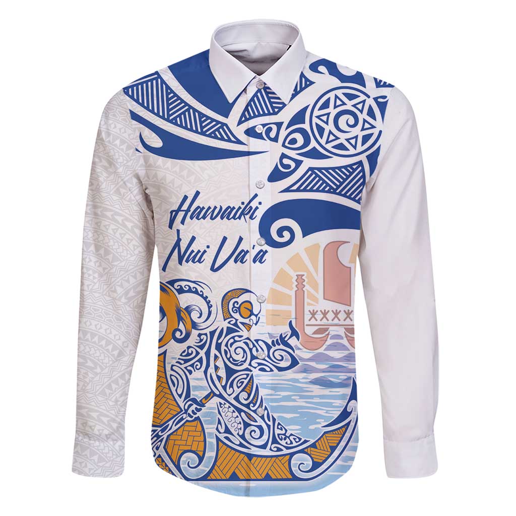 Hawaiki Nui Va'a Solo French Polynesia Family Matching Summer Maxi Dress and Hawaiian Shirt Blue Color LT03 Dad's Shirt - Long Sleeve Blue - Polynesian Pride