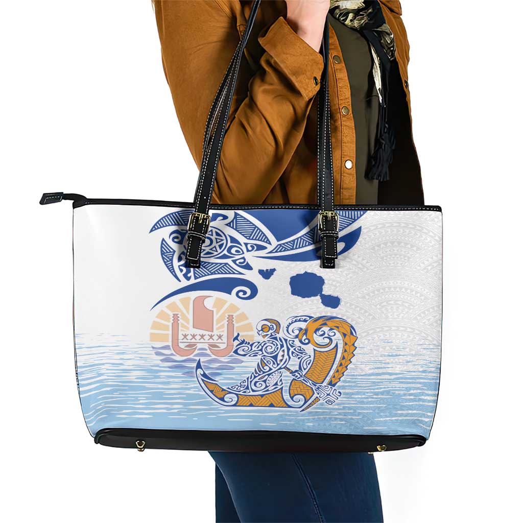 Hawaiki Nui Va'a Solo French Polynesia Leather Tote Bag Blue Color LT03 - Polynesian Pride