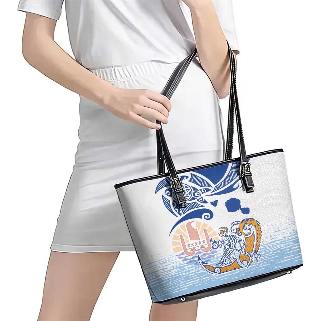 Hawaiki Nui Va'a Solo French Polynesia Leather Tote Bag Blue Color LT03 - Polynesian Pride