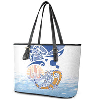 Hawaiki Nui Va'a Solo French Polynesia Leather Tote Bag Blue Color LT03 - Polynesian Pride