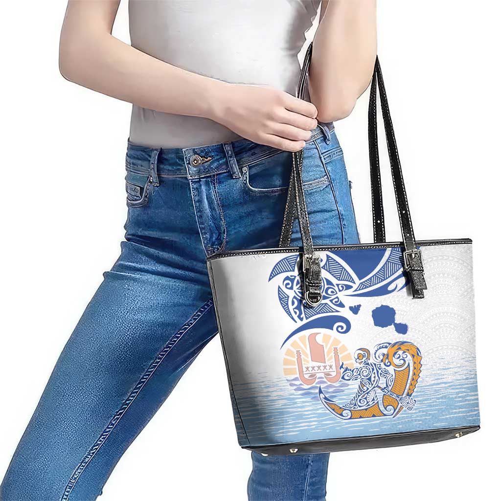 Hawaiki Nui Va'a Solo French Polynesia Leather Tote Bag Blue Color LT03 - Polynesian Pride