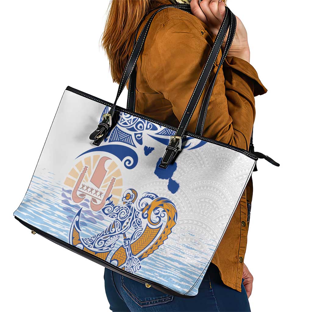 Hawaiki Nui Va'a Solo French Polynesia Leather Tote Bag Blue Color LT03 - Polynesian Pride