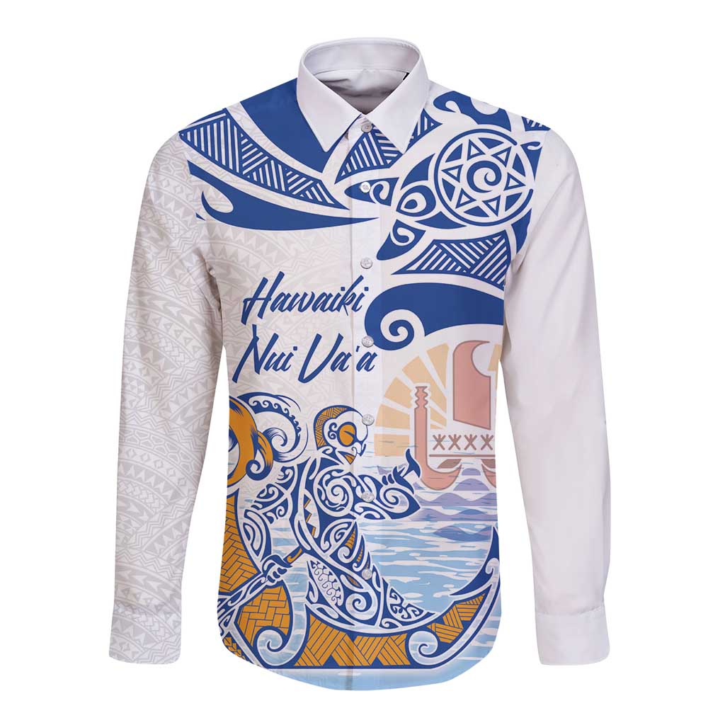 Hawaiki Nui Va'a Solo French Polynesia Long Sleeve Button Shirt Blue Color