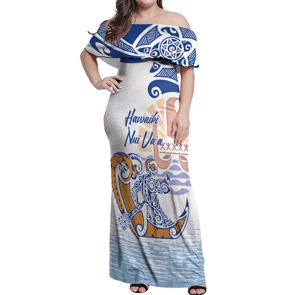 Hawaiki Nui Va'a Solo French Polynesia Off Shoulder Maxi Dress Blue Color LT03 Women Blue - Polynesian Pride