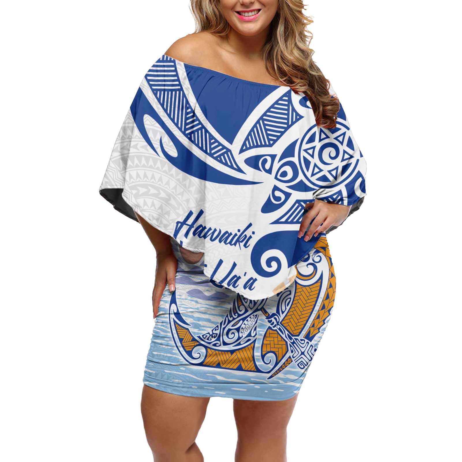 Hawaiki Nui Va'a Solo French Polynesia Off Shoulder Short Dress Blue Color