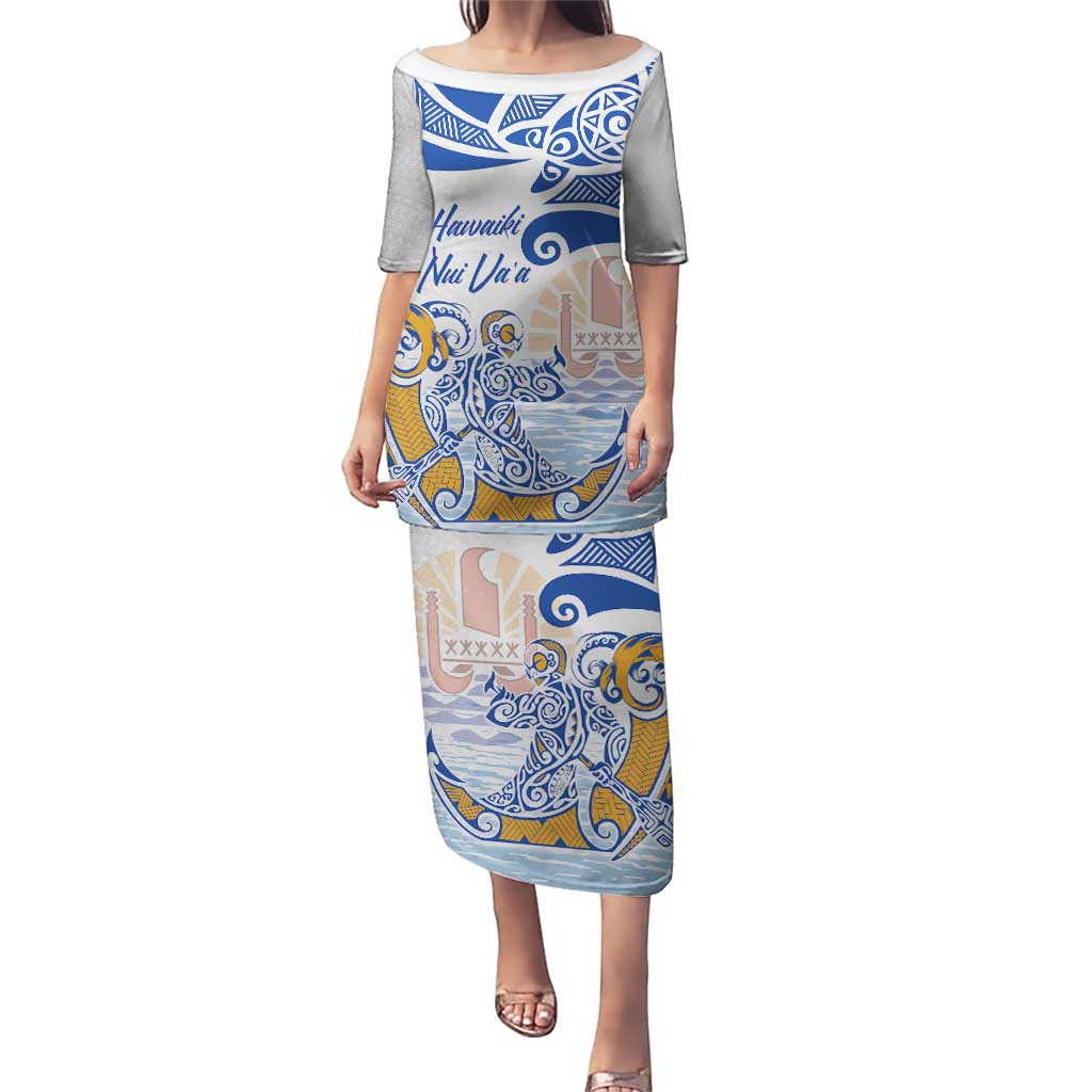 Hawaiki Nui Va'a Solo French Polynesia Puletasi Blue Color LT03 Long Dress Blue - Polynesian Pride