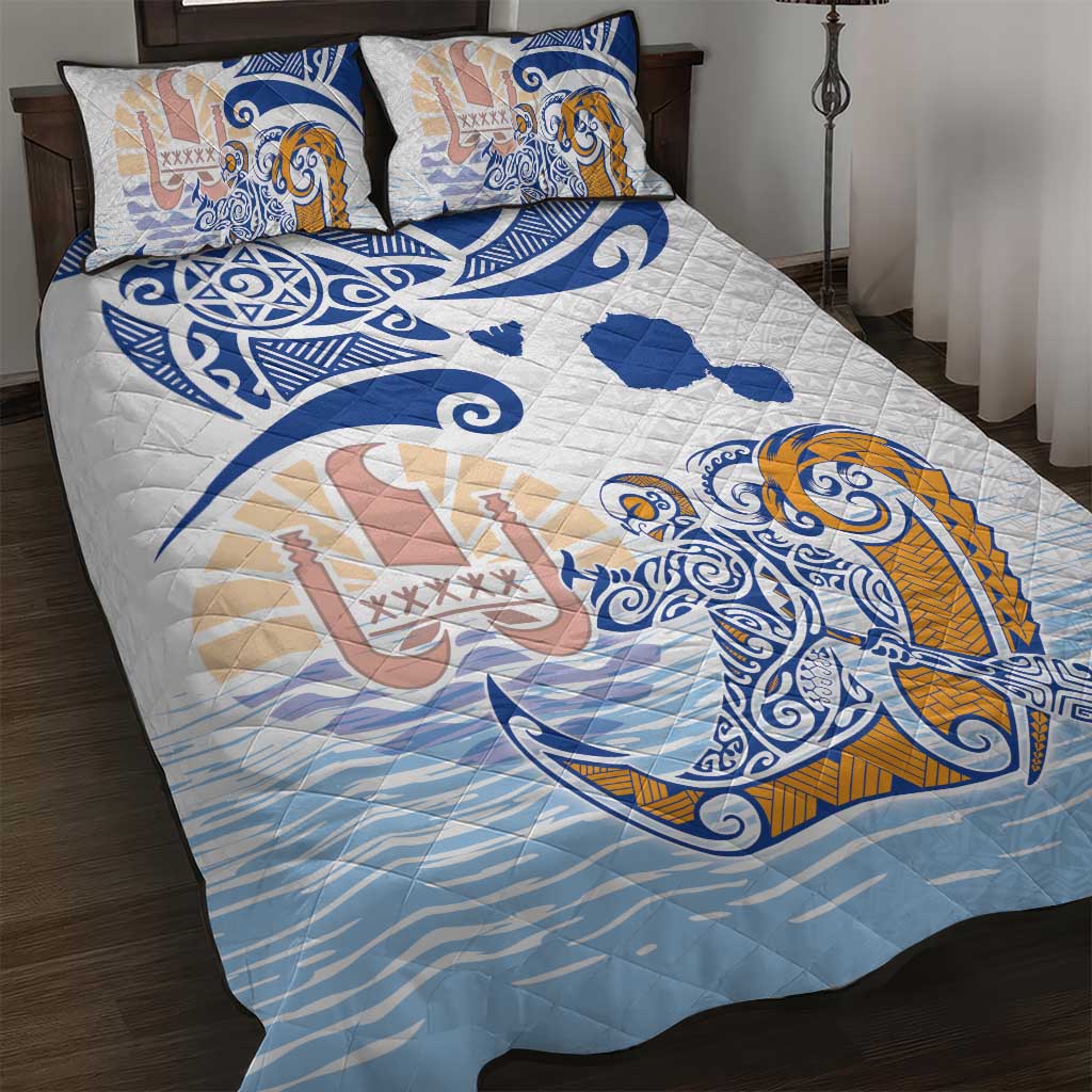 Hawaiki Nui Va'a Solo French Polynesia Quilt Bed Set Blue Color