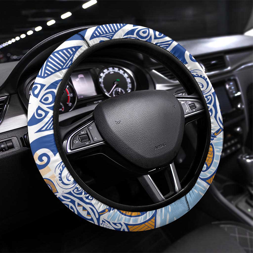 Hawaiki Nui Va'a Solo French Polynesia Steering Wheel Cover Blue Color LT03 Universal Fit Blue - Polynesian Pride