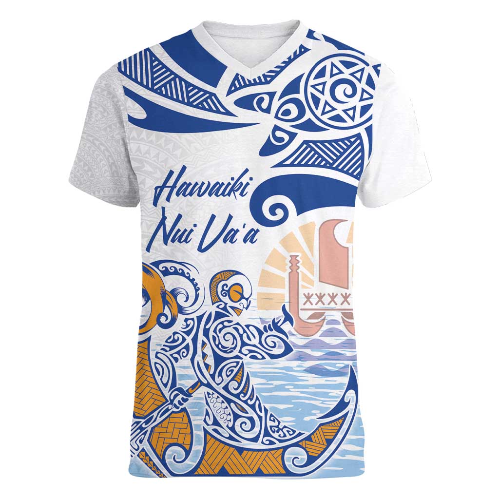 Hawaiki Nui Va'a Solo French Polynesia Women V-Neck T-Shirt Blue Color