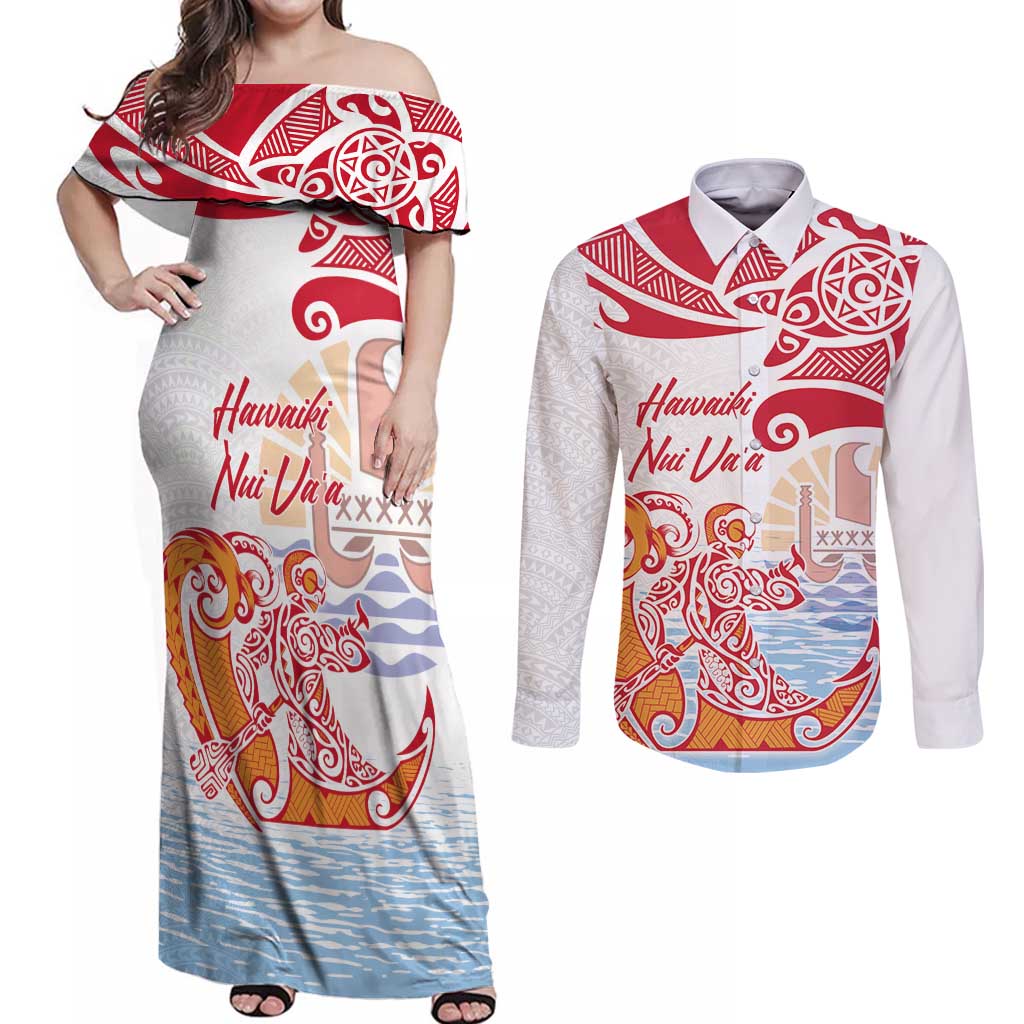 Hawaiki Nui Va'a Solo French Polynesia Couples Matching Off Shoulder Maxi Dress and Long Sleeve Button Shirt Red Color LT03 Red - Polynesian Pride