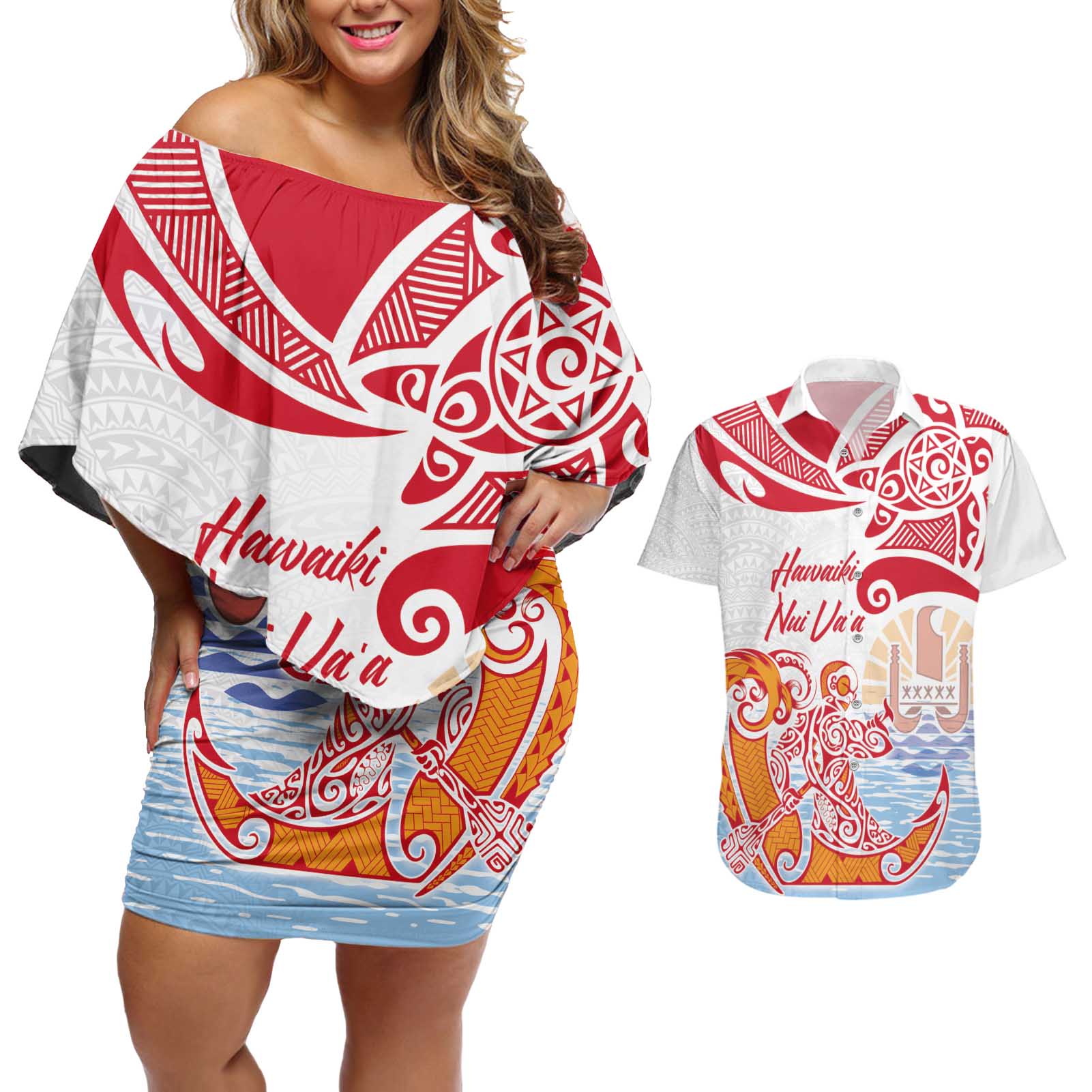 Hawaiki Nui Va'a Solo French Polynesia Couples Matching Off Shoulder Short Dress and Hawaiian Shirt Red Color