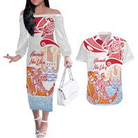 Hawaiki Nui Va'a Solo French Polynesia Couples Matching Off The Shoulder Long Sleeve Dress and Hawaiian Shirt Red Color