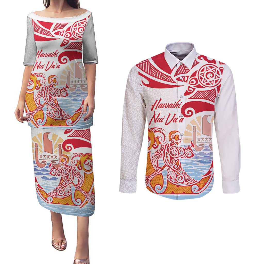 Hawaiki Nui Va'a Solo French Polynesia Couples Matching Puletasi and Long Sleeve Button Shirt Red Color LT03 Red - Polynesian Pride