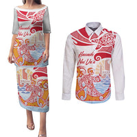 Hawaiki Nui Va'a Solo French Polynesia Couples Matching Puletasi and Long Sleeve Button Shirt Red Color LT03 Red - Polynesian Pride