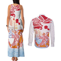 Hawaiki Nui Va'a Solo French Polynesia Couples Matching Tank Maxi Dress and Long Sleeve Button Shirt Red Color