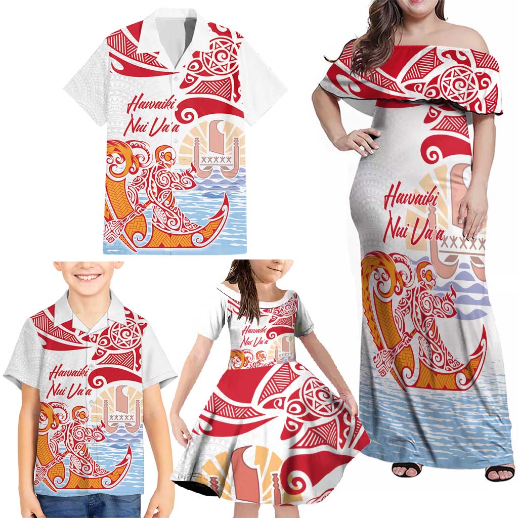 Hawaiki Nui Va'a Solo French Polynesia Family Matching Off Shoulder Maxi Dress and Hawaiian Shirt Red Color