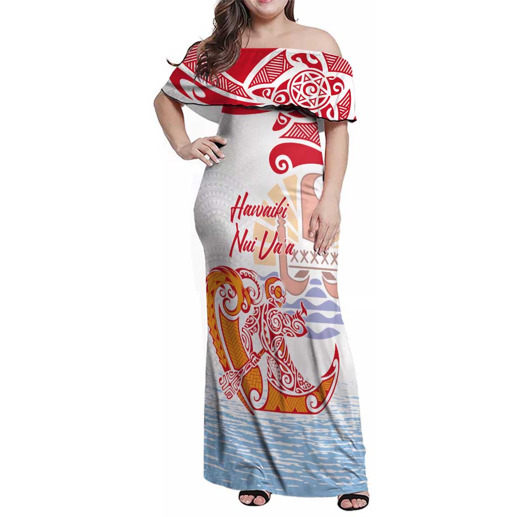 Hawaiki Nui Va'a Solo French Polynesia Family Matching Off Shoulder Maxi Dress and Hawaiian Shirt Red Color